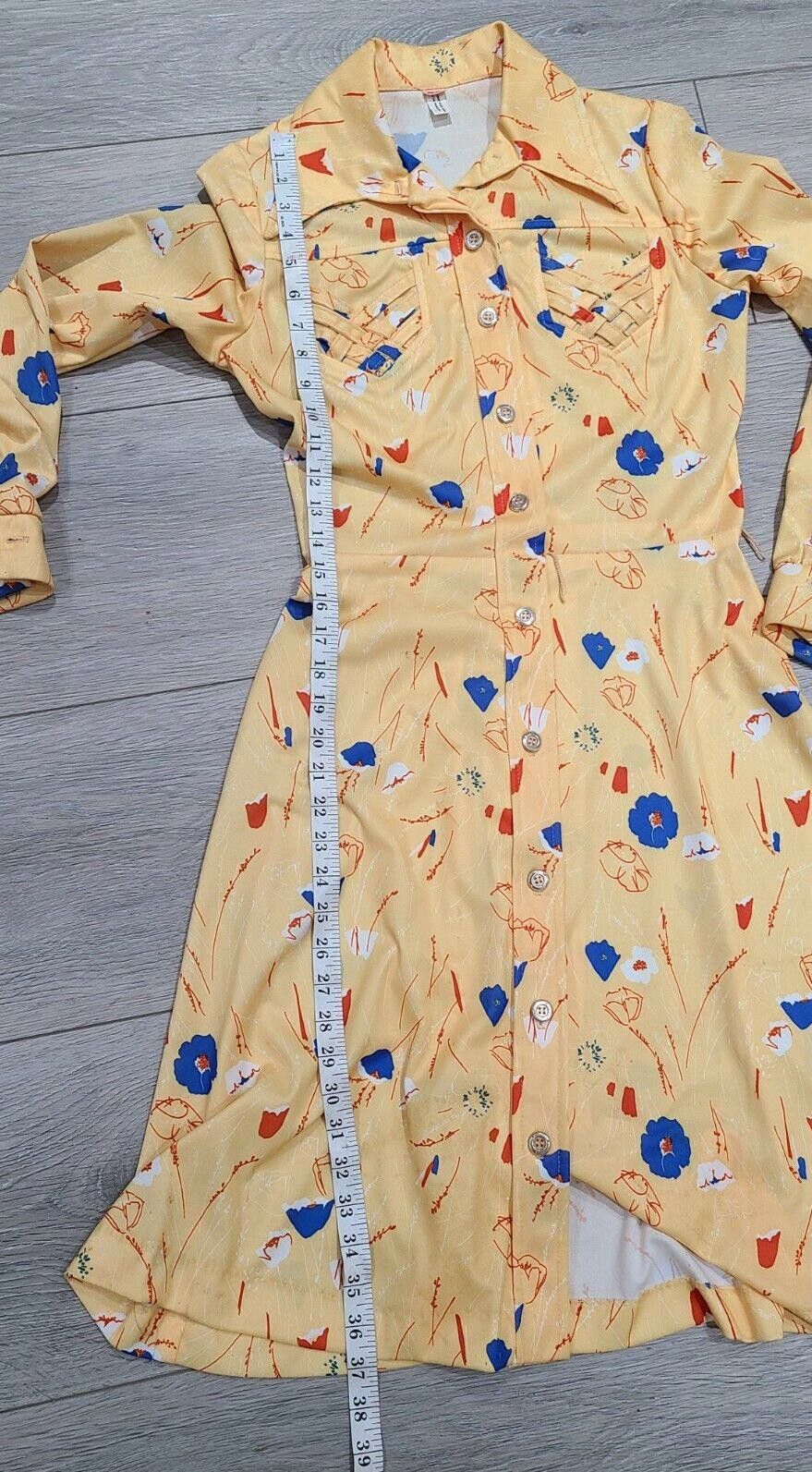Designer Vintage Dress 1960s Printed Button Down Yellow Belted Size L / US 10 / IT 46 - 8 Thumbnail