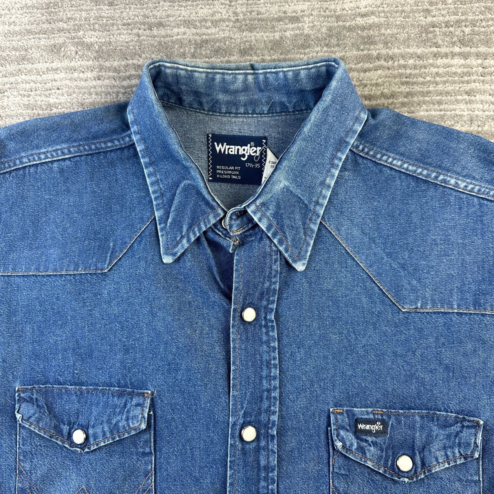Wrangler Wrangler Shirt Mens 17.5 35 Western Blue Denim X-Long Tails USA Brushpopper Size US XL / EU 56 / 4 - 7 Thumbnail