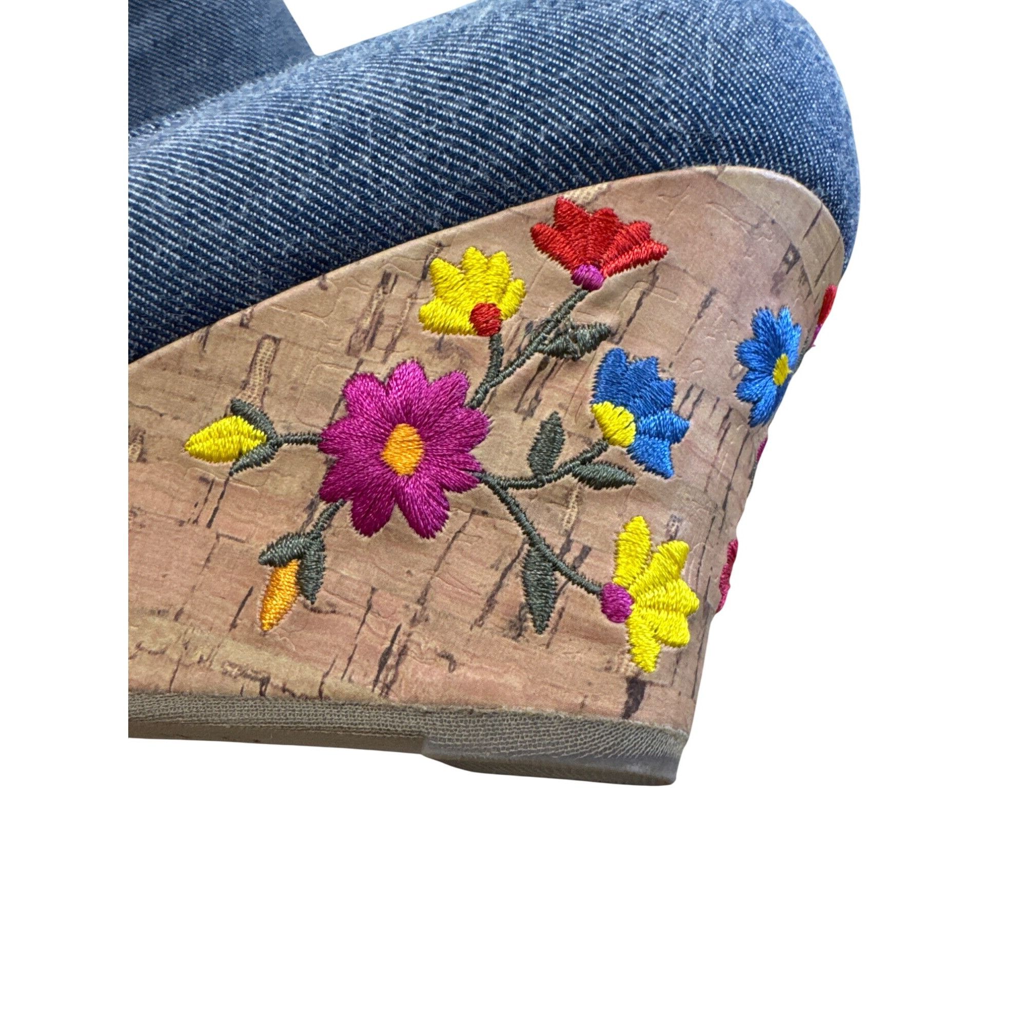 Designer Rialto Womens Blue Denim Floral Cork 3" Wedge Heel Shoes Siz Size US 9.5 / IT 39.5 - 4 Thumbnail