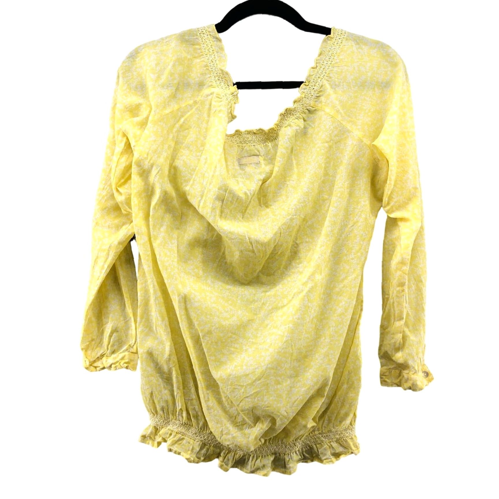 Vintage LTB Blouse Shirt Womens M Yellow Off Shoulder 3/4 Sleeve Lightweight Bohemian Floral Smocked Ruffle Top Size M / US 6-8 / IT 42-44 - 2 Thumbnail