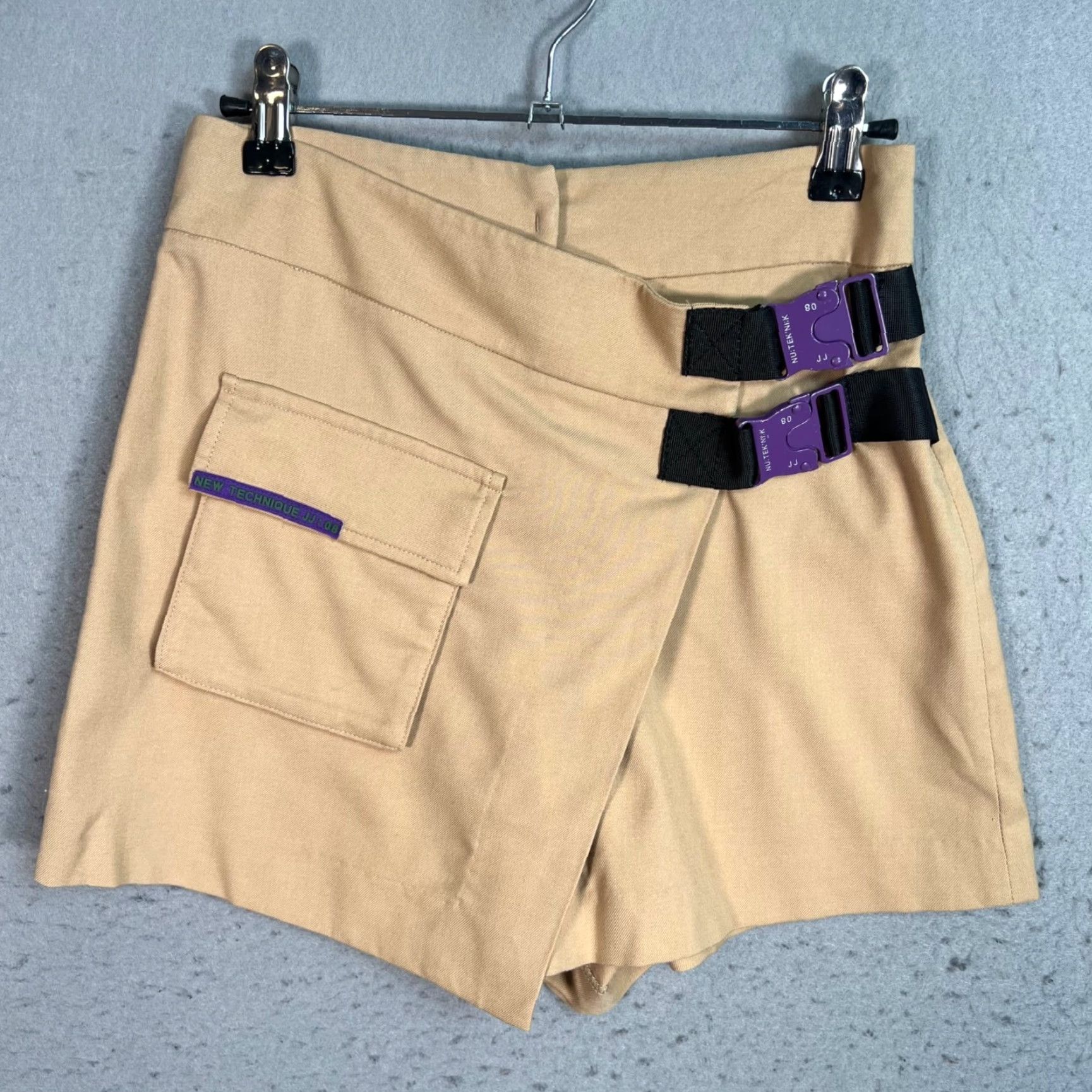 Vintage VINTAGE Jucy Judy Womens Beige Wrap Shorts With Purple Buckles Size 25 BeigeWrap Shorts Womens 25 3in Polyester Front Flat Womens Jucy Judy Size 42" / US 20 - 2 Thumbnail
