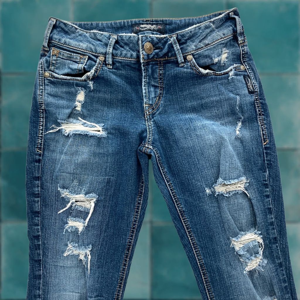 Silver Jeans Co. Silver Jeans Suki Skinny Jeans Women's 28x29 Medium Blue Stretch Denim Distressed Rock Size 28" / US 6 / IT 42 - 1 Thumbnail