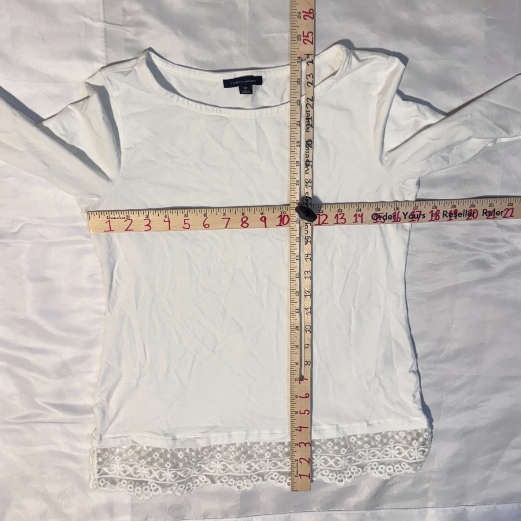 Tommy Hilfiger Tommy Hilfiger White Cotton Stretch Blend Top - S 3/4 Sleeve Lace Hem Shirt Womens Logo Casual All Seasons White Size S / US 4 / IT 40 - 4 Thumbnail