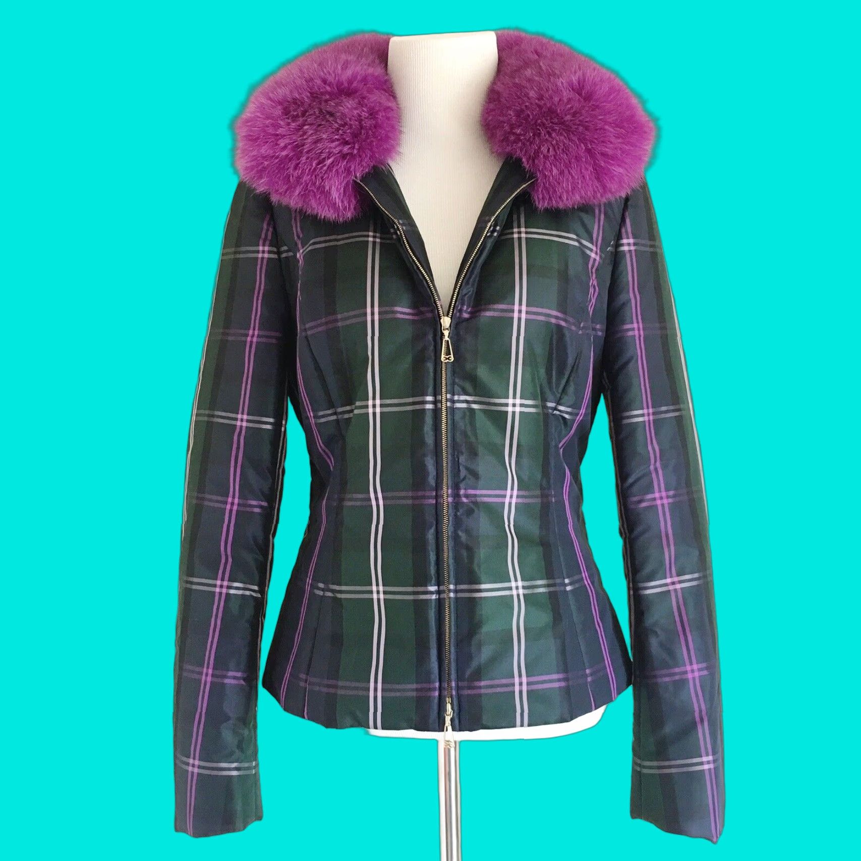 VINTAGE Escada Womens Silk Jacket Zip Coat Short Plaid Fur Trim