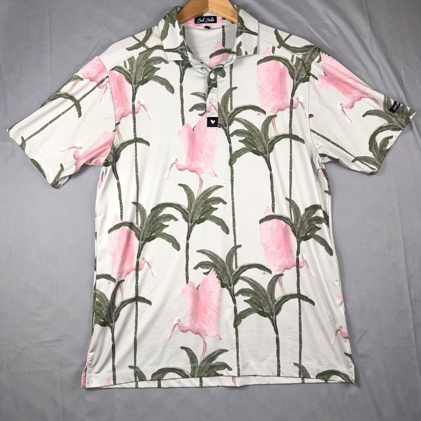 Vintage Bad Birdie Polo Shirt Mens L Flamingo Palm Print Tropical Golf Performance Shirt Size US L / EU 52-54 / 3 - 2 Thumbnail