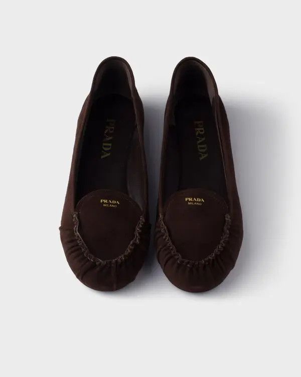 Prada Suede Ballerina Flat Shoes in Dark Brown