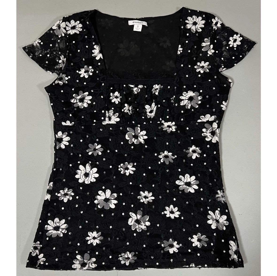 Dress the Population Black Polka Dot Daisy Floral Lace Top Shirt Blouse Size S 🤍🖤 Size S / US 4 / IT 40 - 2 Thumbnail