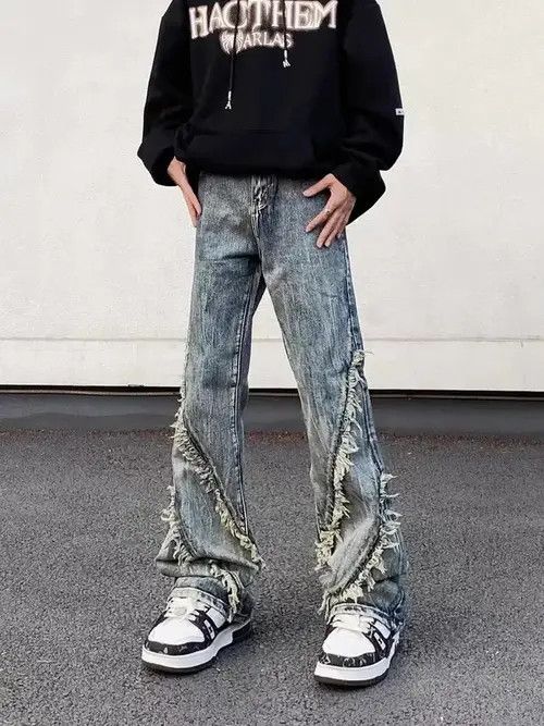 Japanese Brand × Jean Vintage washed fringed raw edge straight-leg jeans Size US 32 / EU 48 - 1 Thumbnail