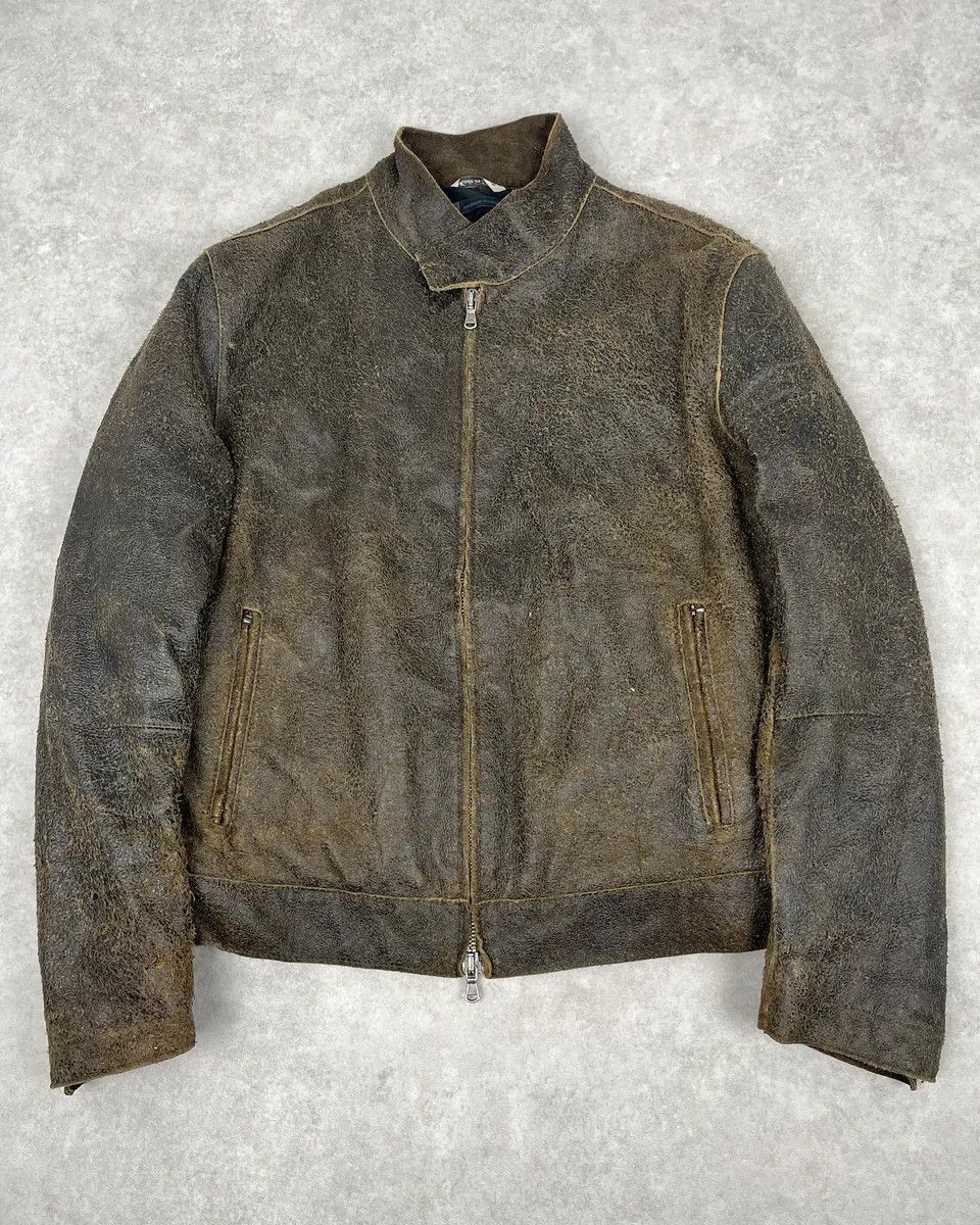 Vintage 2000s Massimo Rebecchi Brown Eroded Biker Leather Jacket Size US M / EU 48-50 / 2 - 1 Thumbnail