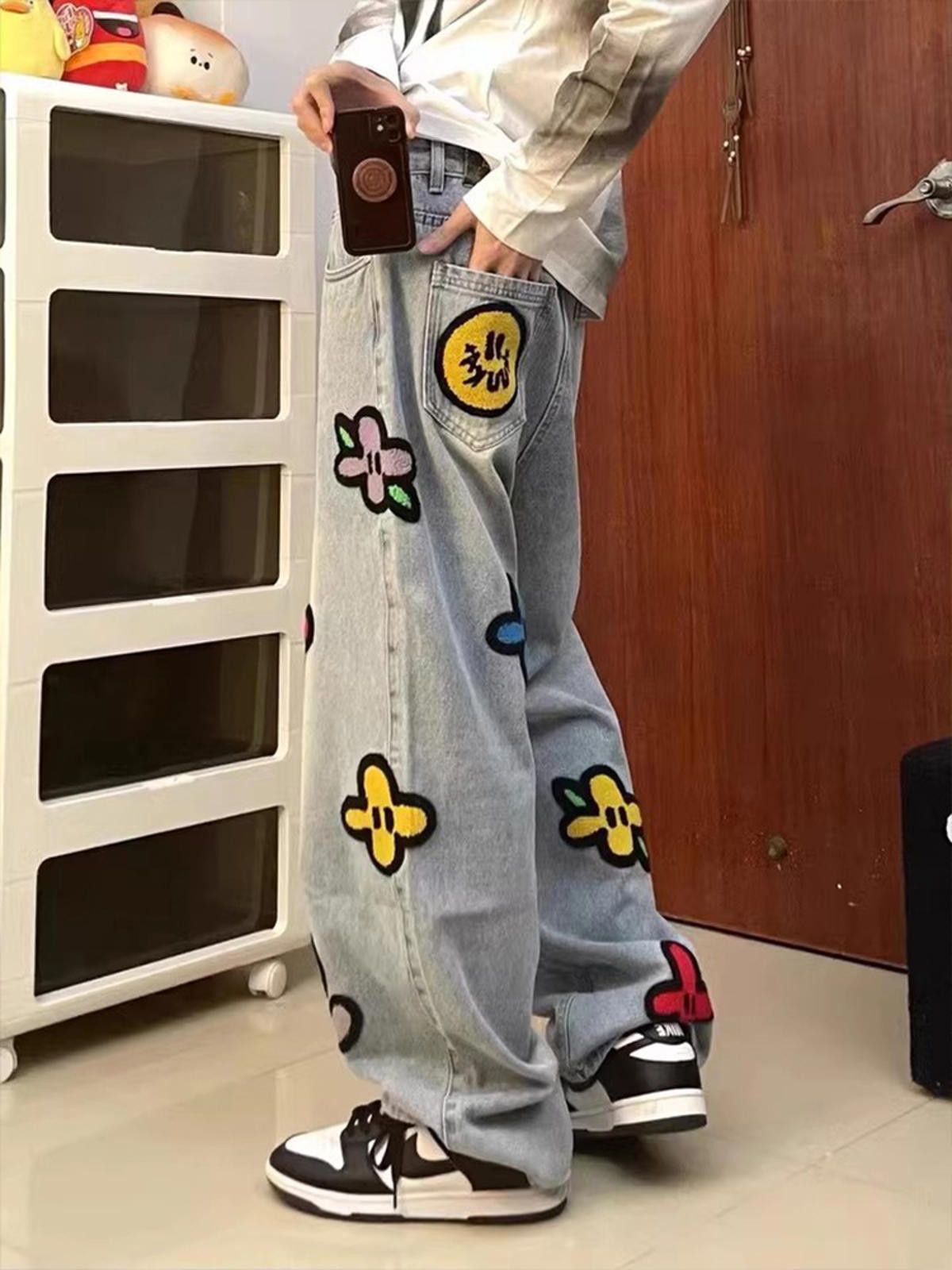 Jean × Vintage Graphic Denim Jeans with Floral and Animal Embroidery Size US 32 / EU 48 - 5 Thumbnail