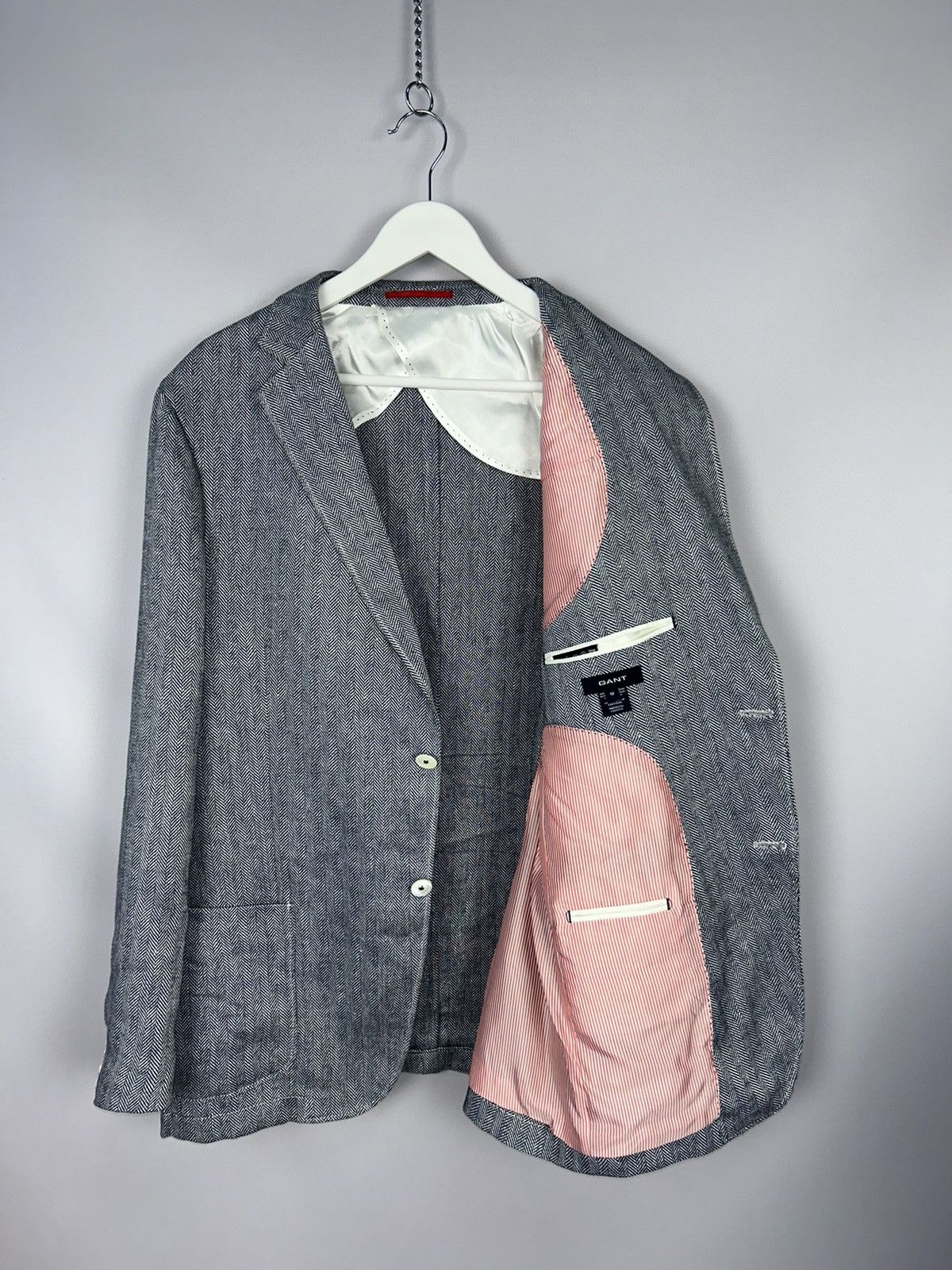 Designer × Gant GANT 100% Linen Herringbone Blazer Blue White Size EU52 Size 42R - 9 Thumbnail