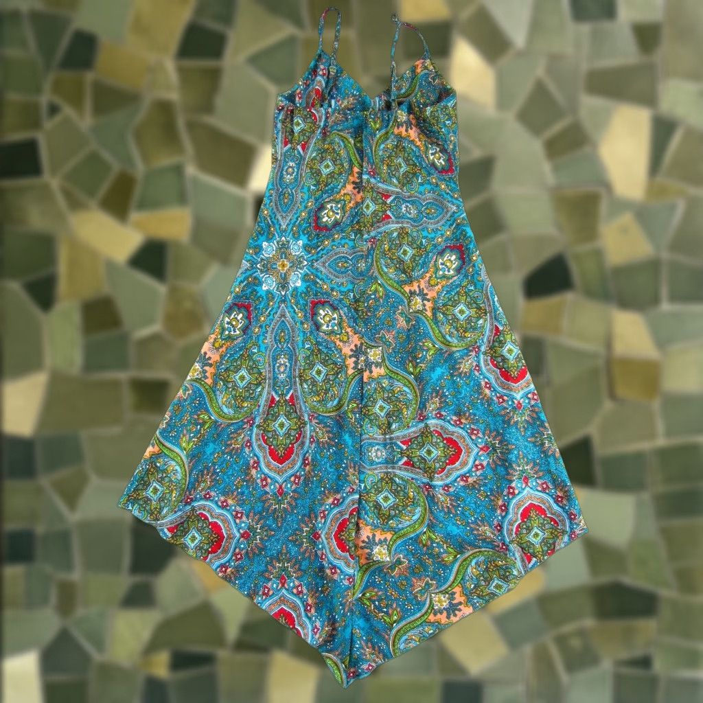 Vintage Coline Blue Red Floral Asymmetrical V-Neck Spaghetti Strap Slip Tank Dress Large Size L / US 10 / IT 46 - 1 Thumbnail