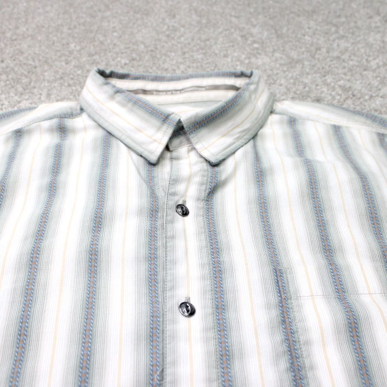 Vintage Kuhl Bohemian Shirt Mens XL Striped 100% Cotton Short Sleeve Beige/Blue Button-Up Cap/Collar Spread Casual Workwear Travel Size US XL / EU 56 / 4 - 4 Thumbnail
