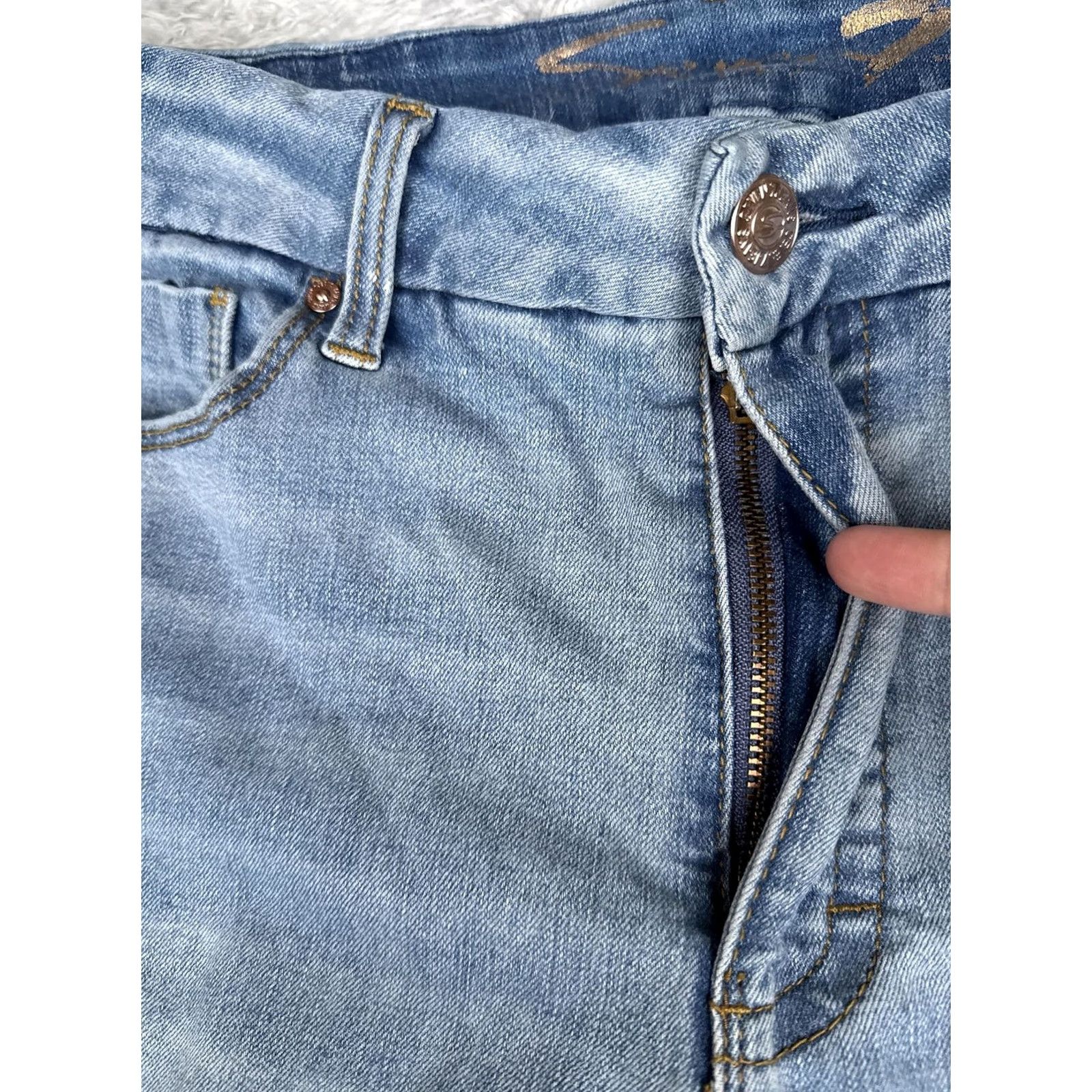 Vintage Seven7 Jeans Womens 14 Tummyless High Rise Slim Bootcut Blue Light Wash 34x31 Pocket Distressed Denim Regular Rise Front Zip Leather Patch Boyfriend** Size 36" / US 14 / IT 50 - 5 Thumbnail