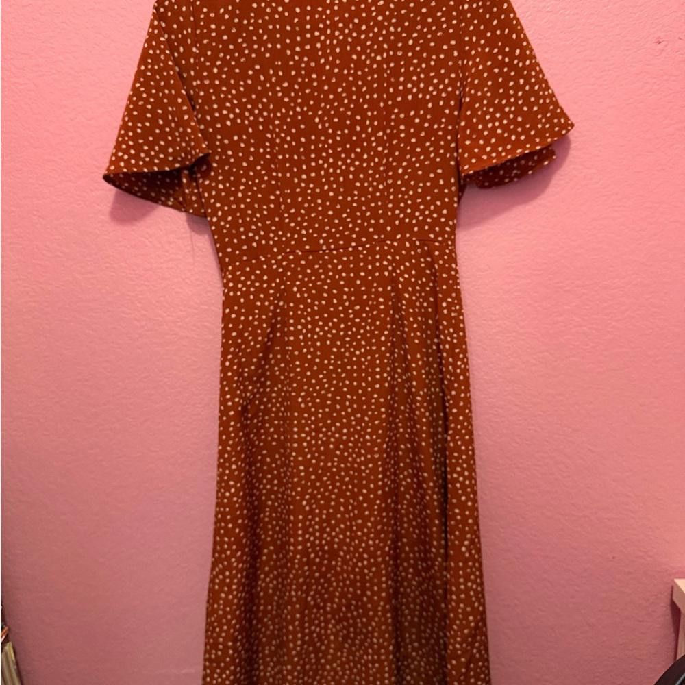 Designer Chic Brown Orange Polka Dot Midi Dress Size S / US 4 / IT 40 - 2 Thumbnail