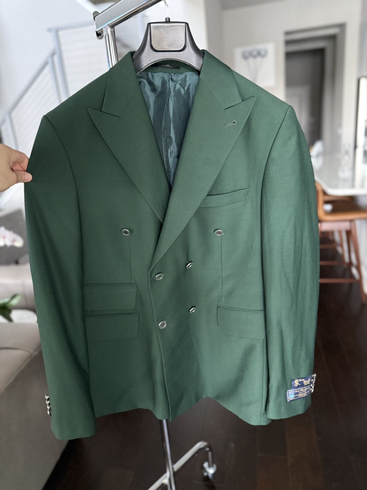 Other Forest Green Double Breasted Suit Italian Wool Blend Size 46 Size 46R - 9 Thumbnail