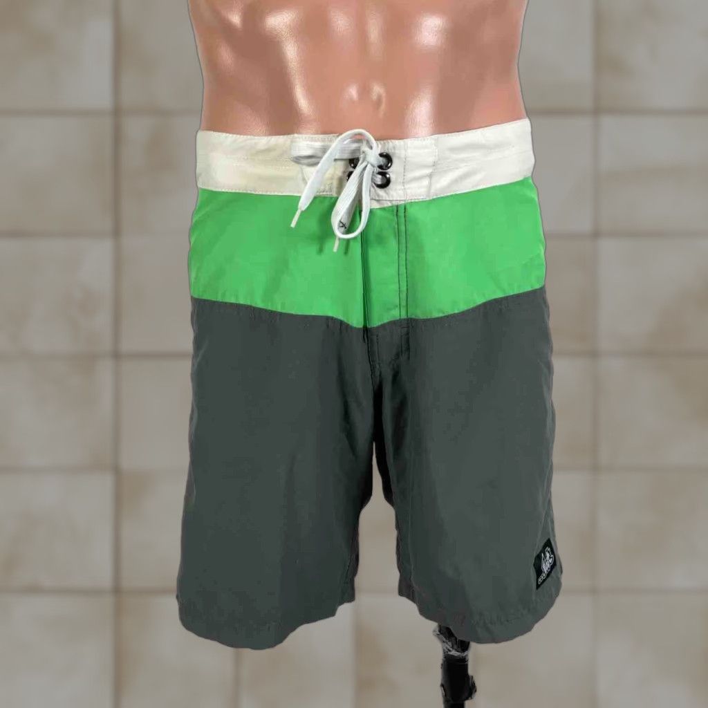 Vintage 90s Lost Enterprises Green Gray Color Block Board Shorts