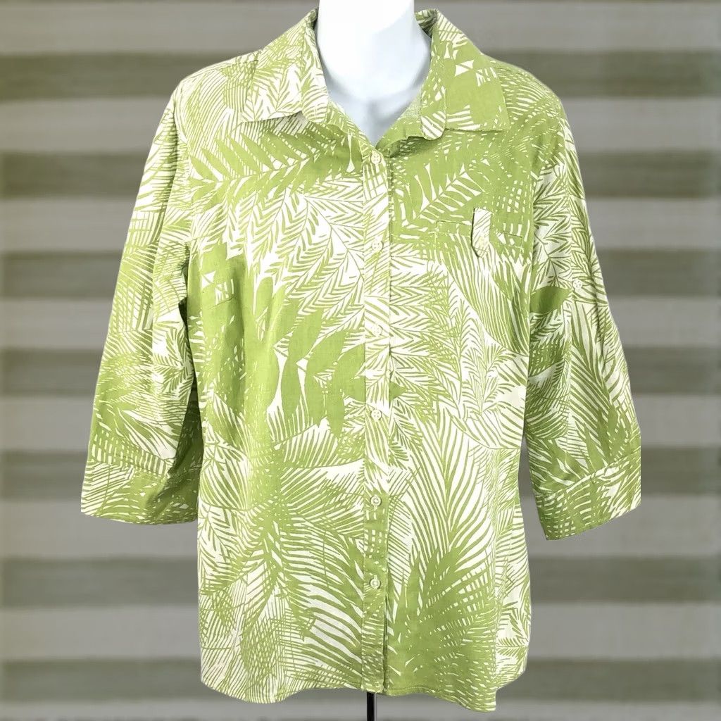 Vintage Jaclyn Smith Linen Top L Green Floral Tropical 3/4RollTab Sleeves Button Up Size L / US 10 / IT 46 - 1 Thumbnail