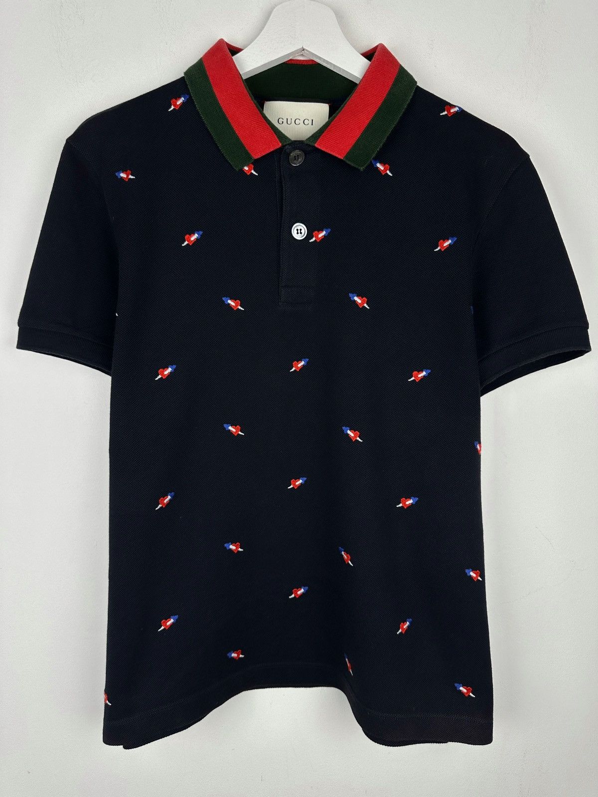 Gucci Pierced Heart Dagger Embroidered Multi Logo Polo Shirt