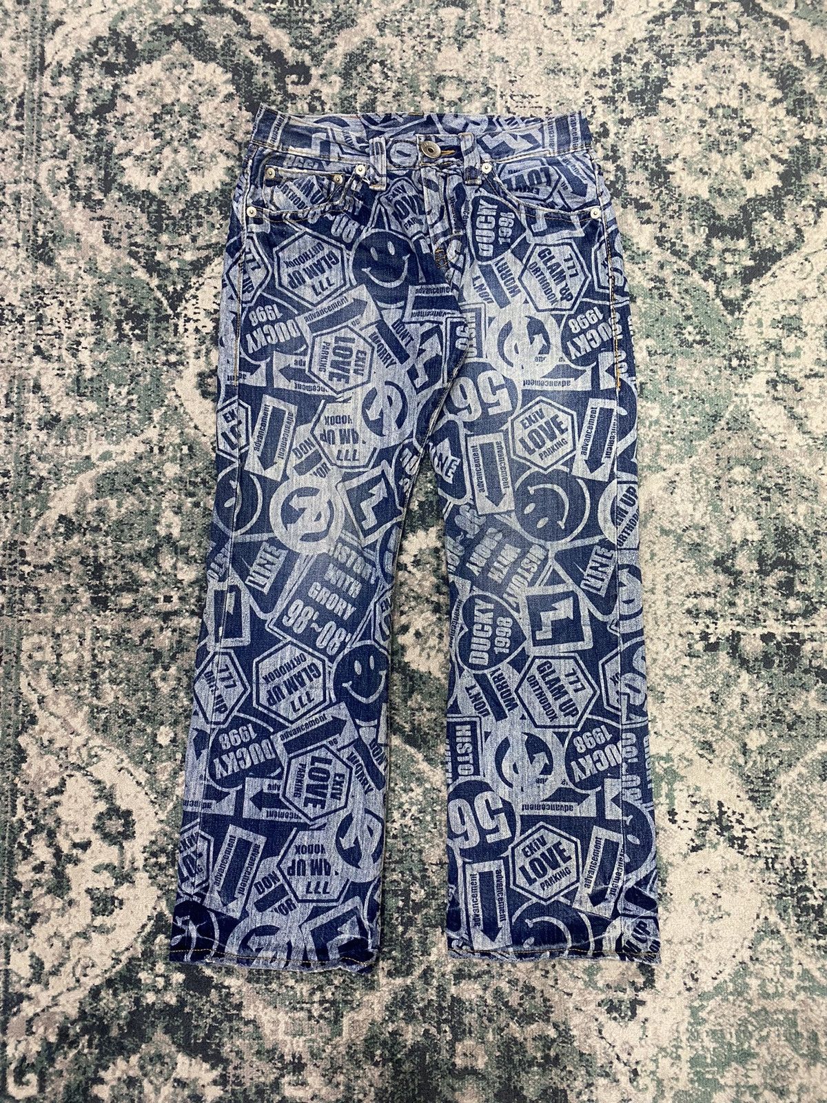 Hysteric Glamour Vintage Co&Lu All Over Acid Wash Printed Effect Smiley Jeans Size US 31 - 3 Thumbnail