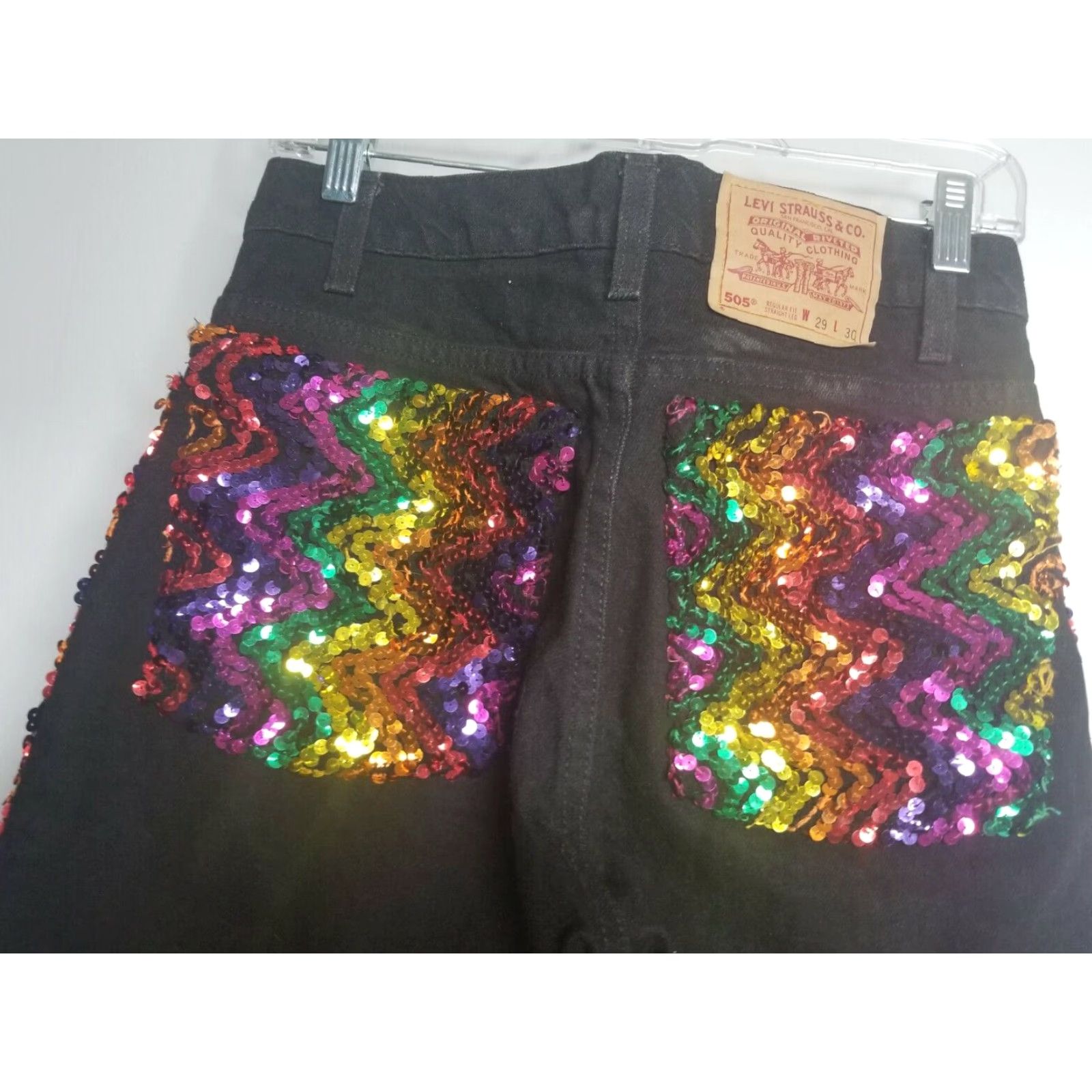 Levi's Vintage Levi's 505 Jeans Men 29x30 Black Denim USA Pride Month Sequin Rainbow Distressed Size US 29 - 3 Thumbnail
