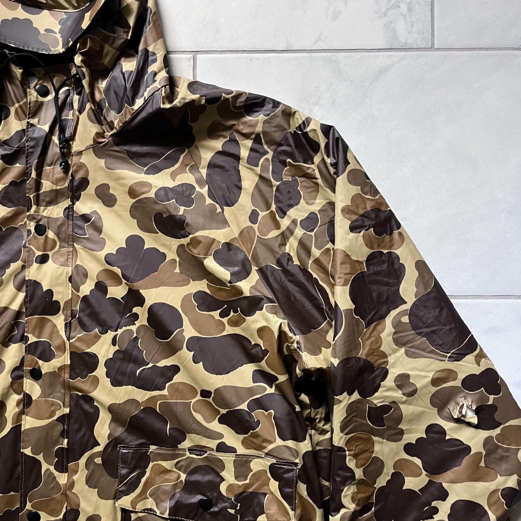 Vintage VINTAGE LL Bean Guide Suit Jacket Pants Set Mens Large 36x32 Camo Insulated Hood PVC Navy Brown Camouflage 2 Piece Notch Lapel Mens Size 42R - 3 Thumbnail