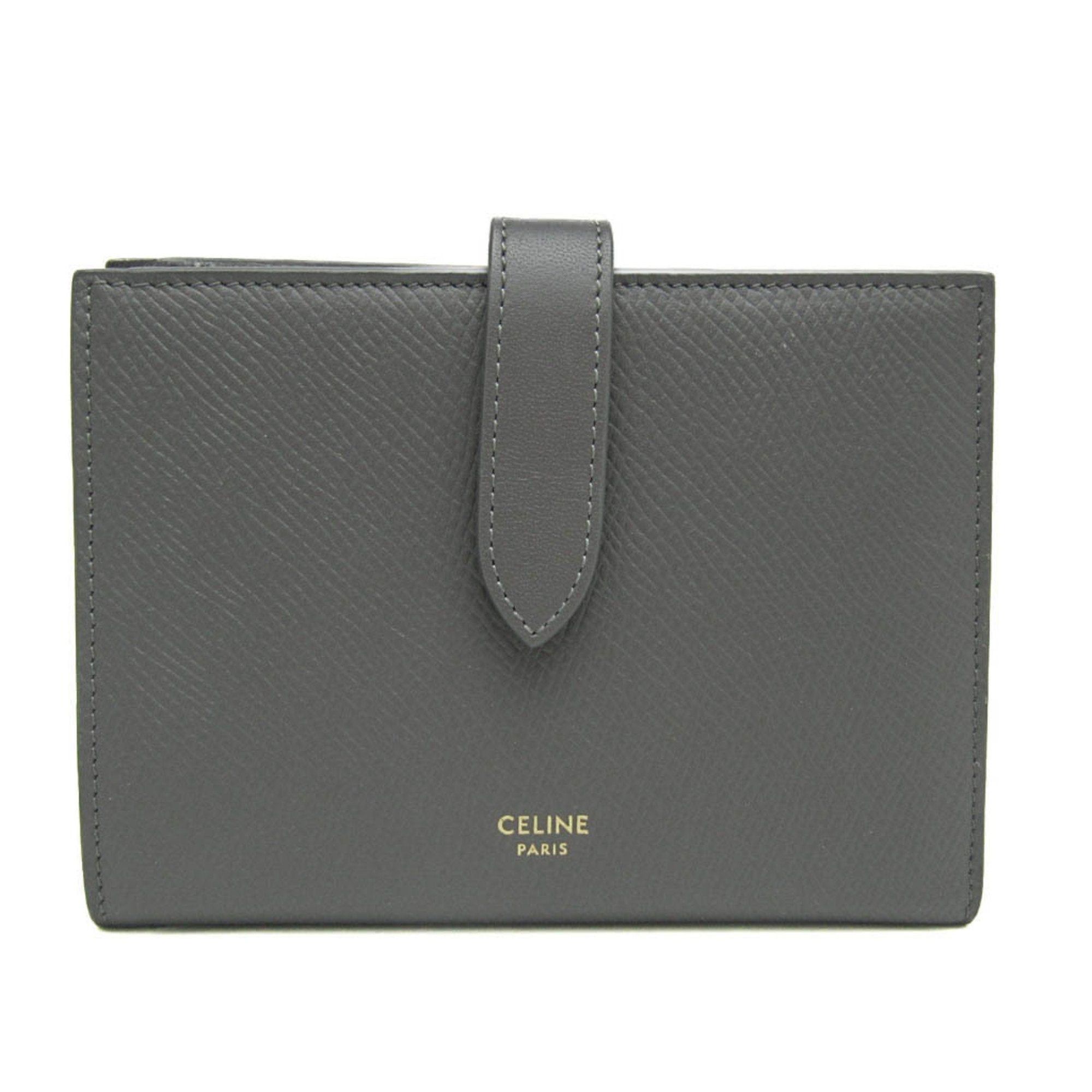 image of Celine Medium Strap 10B643Bfp Women's Leather Middle Wallet [Bi-Fold] Dark Gray in Grey