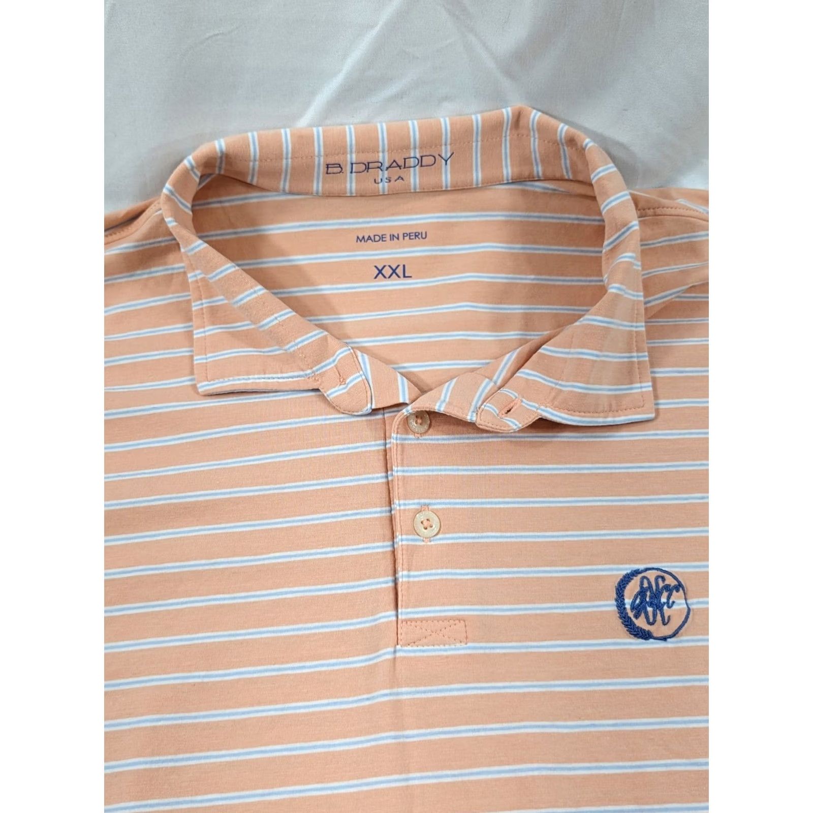 Vintage B. Draddy Polo Shirt Mens 2XL Short Sleeve Striped Cotton Spandex Peach Golf Pocket Logo Embroidered Size US XXL / EU 58 / 5 - 4 Thumbnail