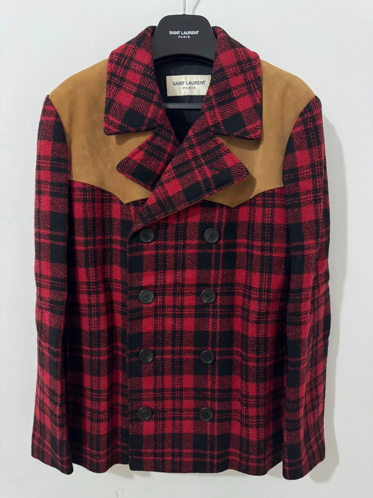 Saint Laurent SLP suede patchwork black and red plaid coat