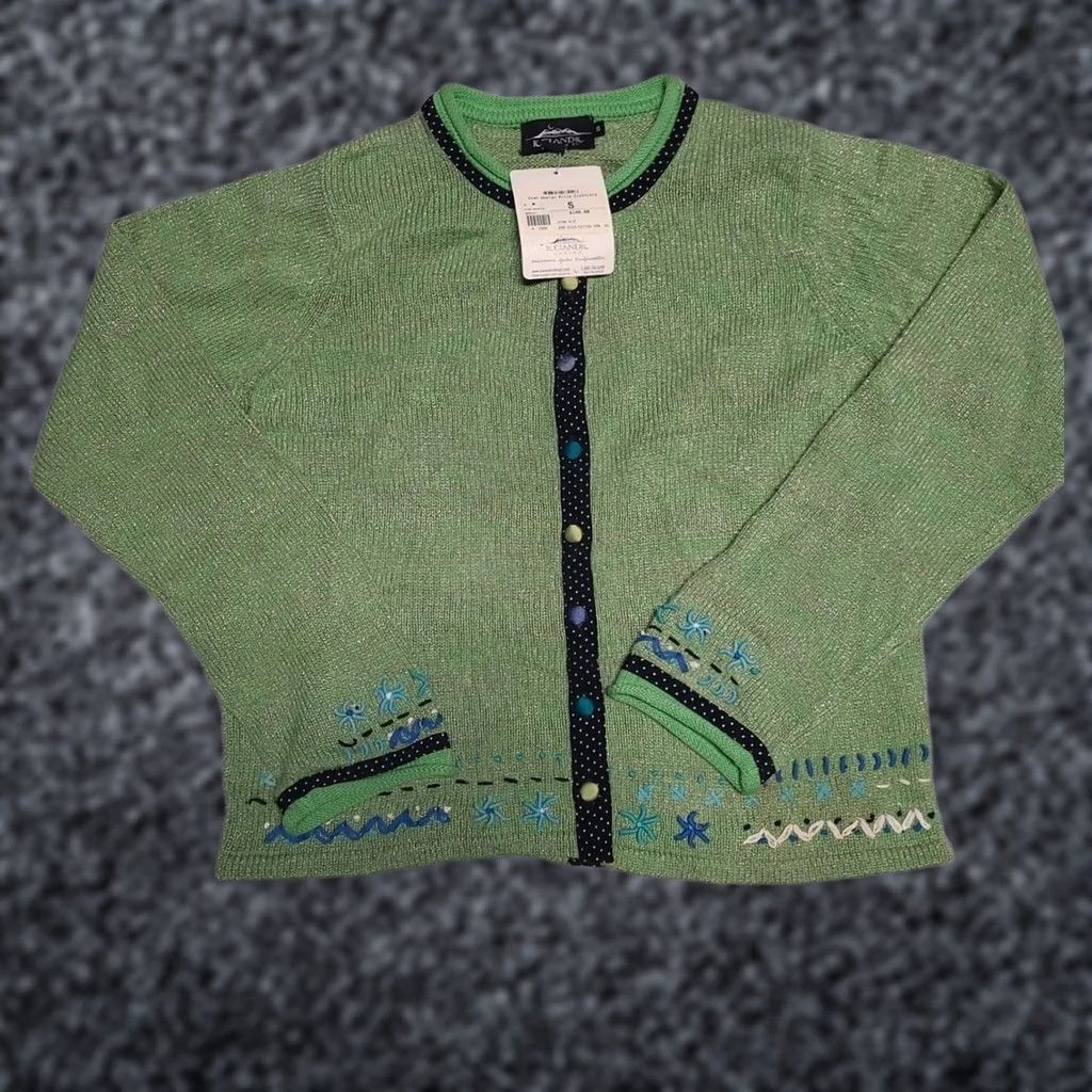 Vintage VTG Icelandic Design Cardigan Sweater Womens S Green Silk Cotton Knit Fair Isle Button Knitwear Buttoned Long Sleeve NWT Size S / US 4 / IT 40 - 1 Thumbnail