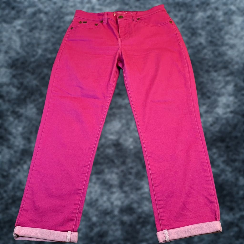 Pinko DG2 Diane Gilman Pink Classic Stretch Jeans Womens 6P Petite Straight Leg Denim 5-Pocket Cuffed Stretch Regular Rise Mid-Continent? Size 28" / US 6 / IT 42 - 1 Thumbnail