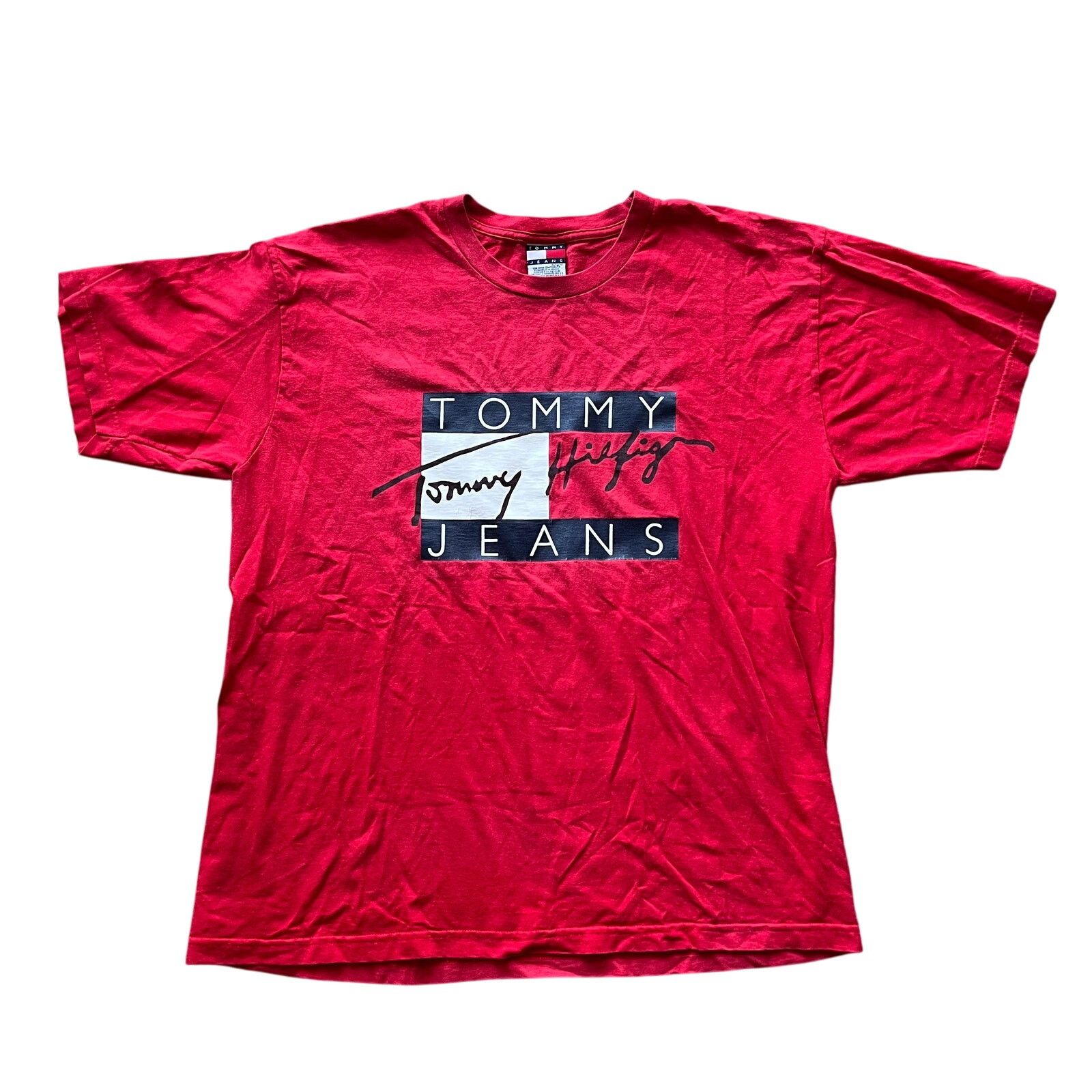 Vintage 90s Tommy Hilfiger Flag Big Logo Spellout T Shirt XL