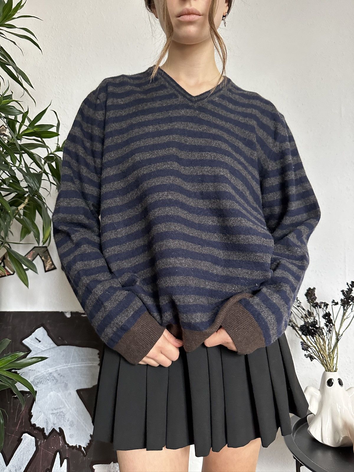 Massimo Dutti × Vintage Soft Preppy Wool Cashmere Stripes V-neck Pullover Size XL / US 12-14 / IT 48-50 - 4 Thumbnail