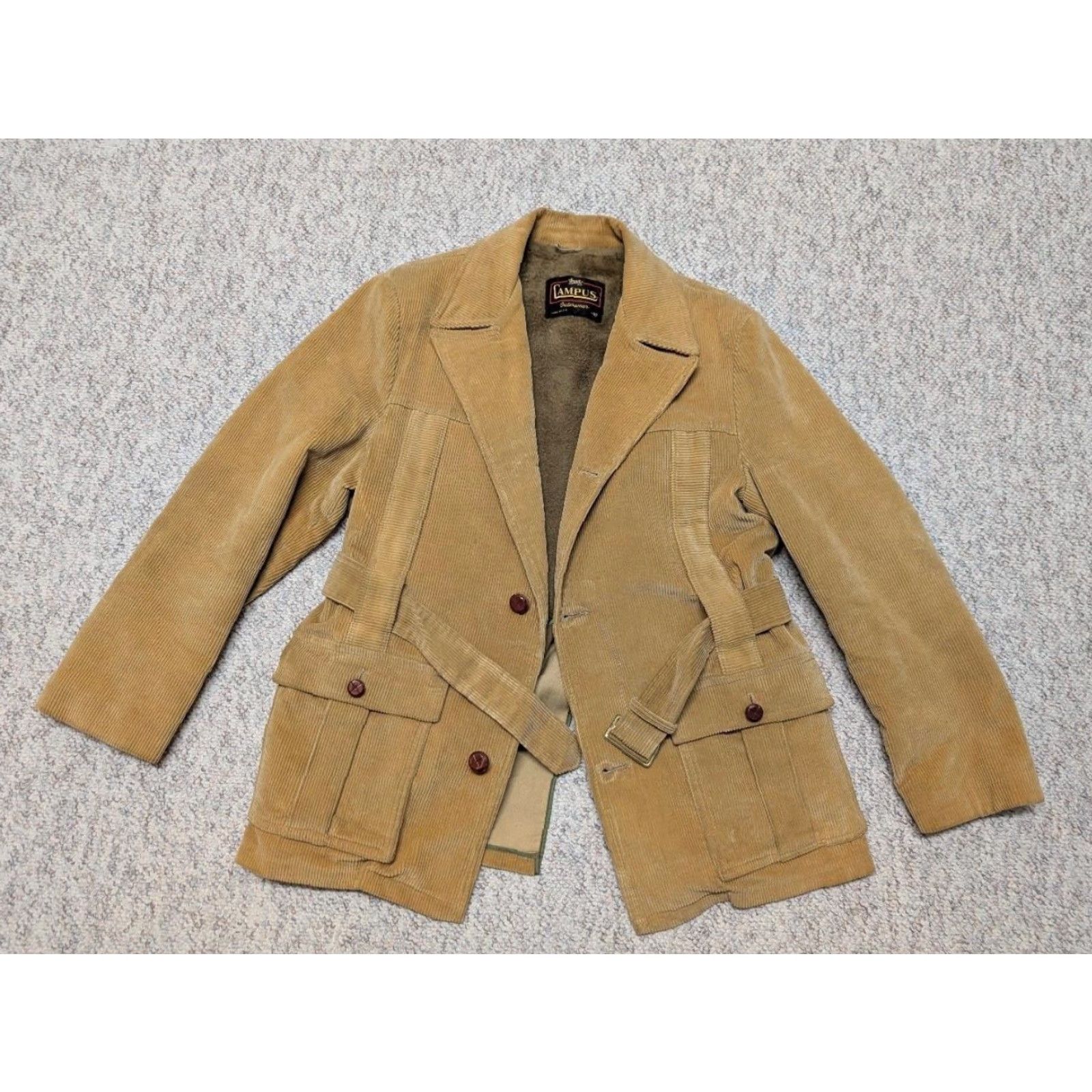 Vintage VINTAGE Campus Corduroy Coat - USA Made Belted Jacket Blazer - Mens M Brown 40 Chest 22" Pit - Golden Brown Overcoat Style Size 40R - 3 Thumbnail
