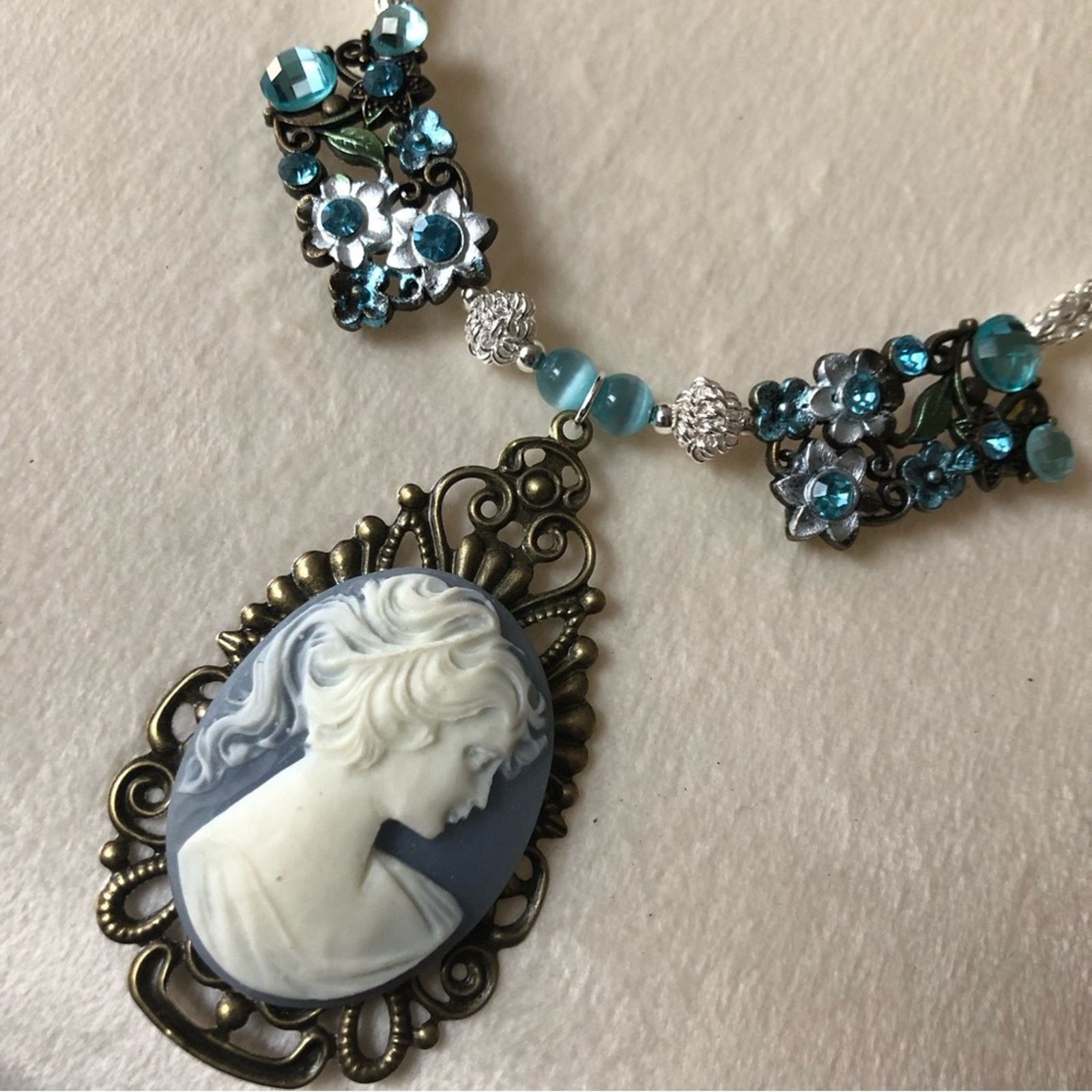 Handmade Handcrafted lady in blue mixed bead filigree cameo necklac Size ONE SIZE - 7 Thumbnail