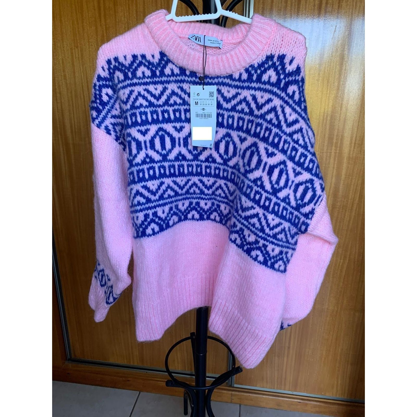 Zara ZARA NEW WOMAN PINK ROUND NECK KNIT SWEATER WITH BLUE PRINT Size M / US 6-8 / IT 42-44 - 1 Thumbnail