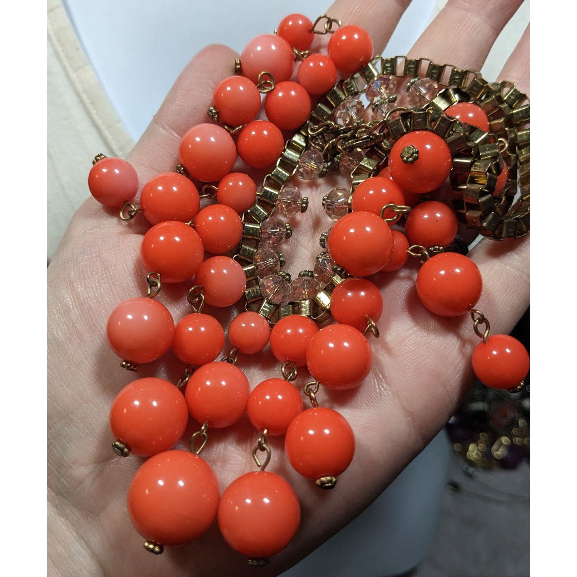 Other Vintage Salmon Beaded Fringe Necklace On Gold Tone Box Chain Size ONE SIZE - 7 Thumbnail