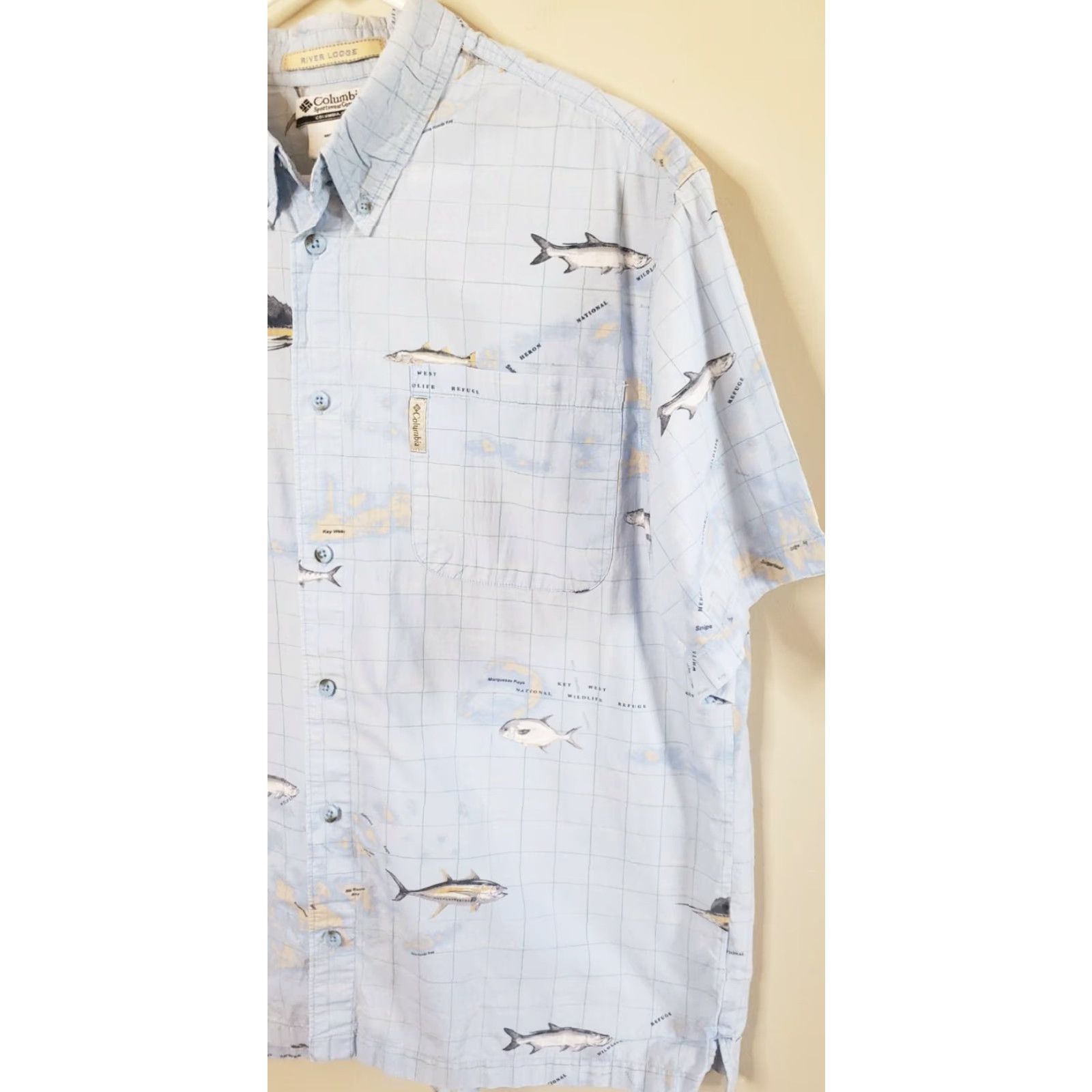 Vintage Columbia River Lodge Men's Blue Shirt Button Front Short Sleeve Sea Fish Key W Pattern: Fishing Size US L / EU 52-54 / 3 - 3 Thumbnail