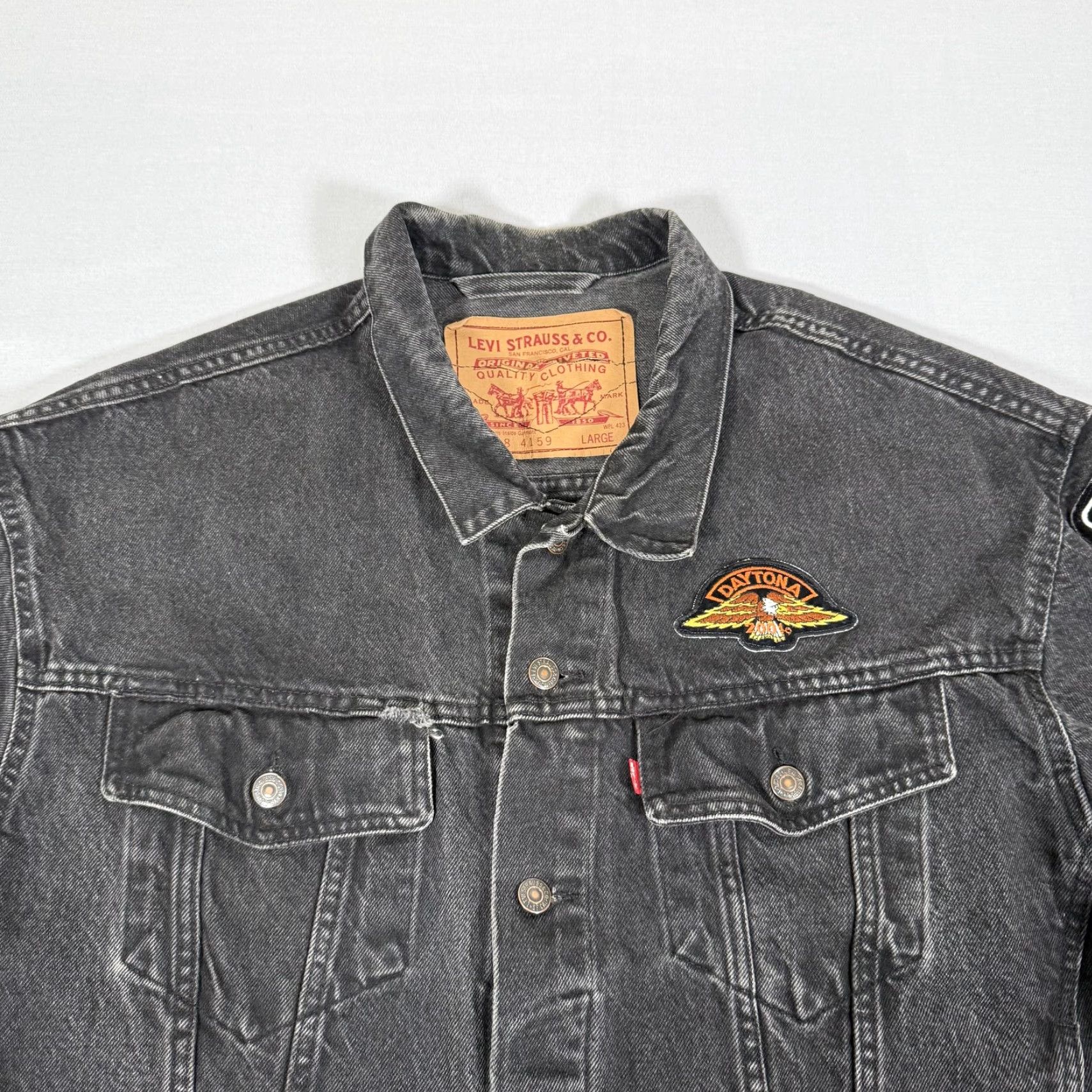 Levi's VINTAGE Levi's Trucker Jacket Mens Large Black Denim Biker 90s Harley-Davidson USA Patches Size US 33 - 2 Thumbnail