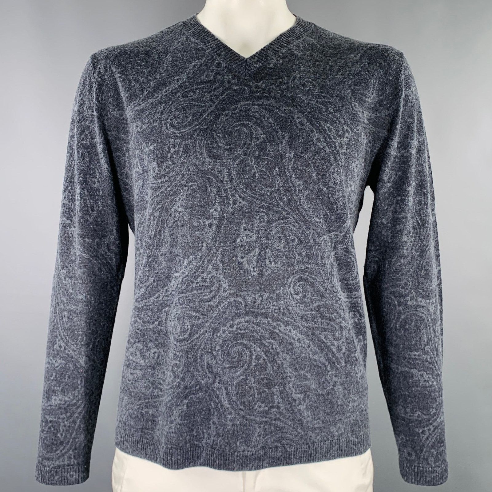 Robert Graham Size L Grey Charcoal Paisley Wool Cashmere V-Neck Pullover Size US L / EU 52-54 / 3 - 1 Thumbnail