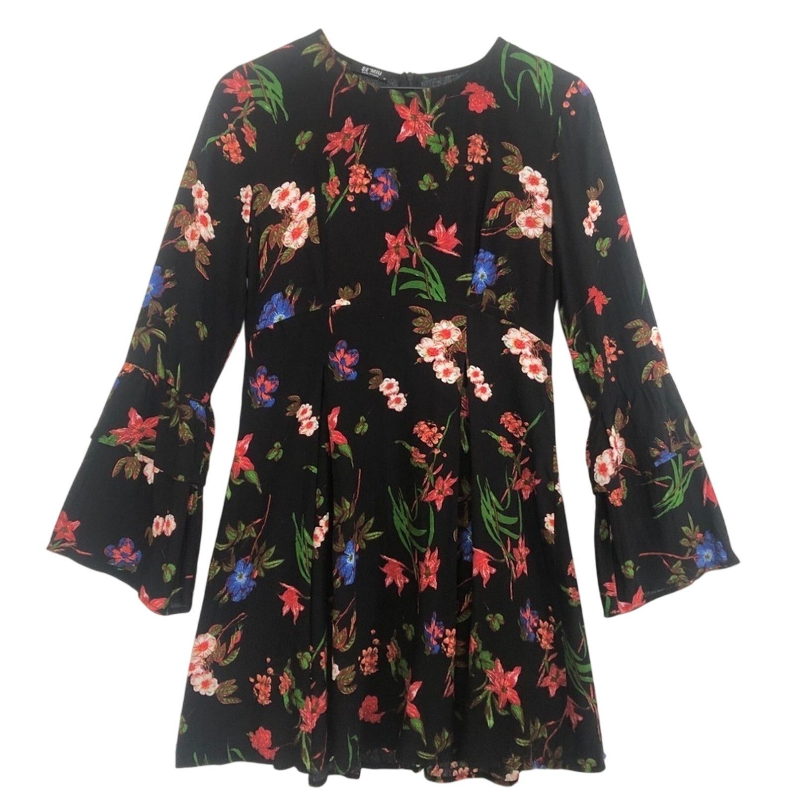 Other Se'Miu Black Floral Tier Bell Sleeves Round Neck Mini Dress Size M / US 6-8 / IT 42-44 - 1 Thumbnail