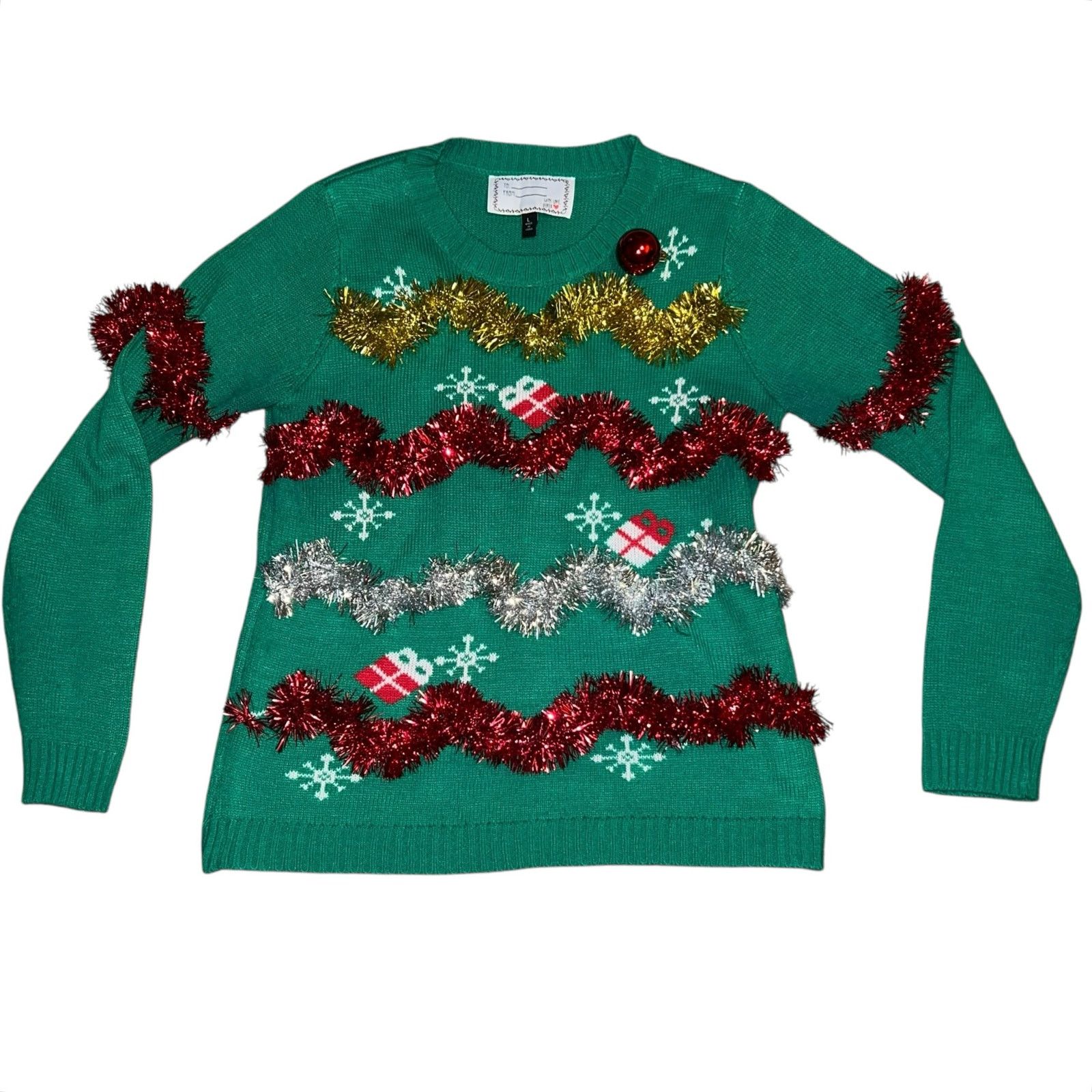 Other Ugly Christmas Tree Sweater Green Metallic Tinsel Garland LG Size L / US 10 / IT 46 - 1 Thumbnail