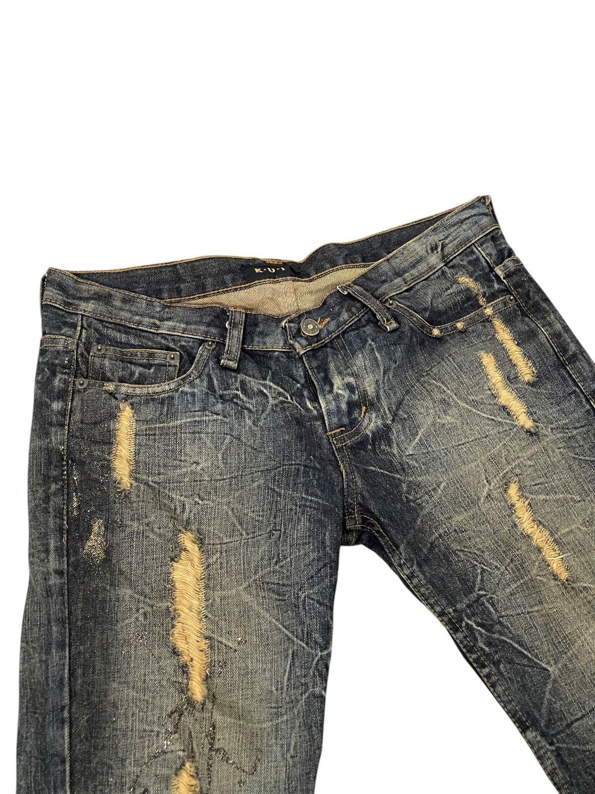 Japanese Brand Slight Flare Jeans K.U.I. Distress Low Rise Boot Cut 8🟦 Size US 33 - 8 Thumbnail