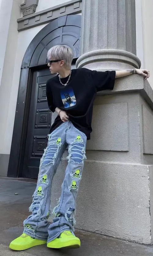 Jean Street hip hop heavy duty distressed skull embroidered jeans Size US 30 / EU 46 - 4 Thumbnail