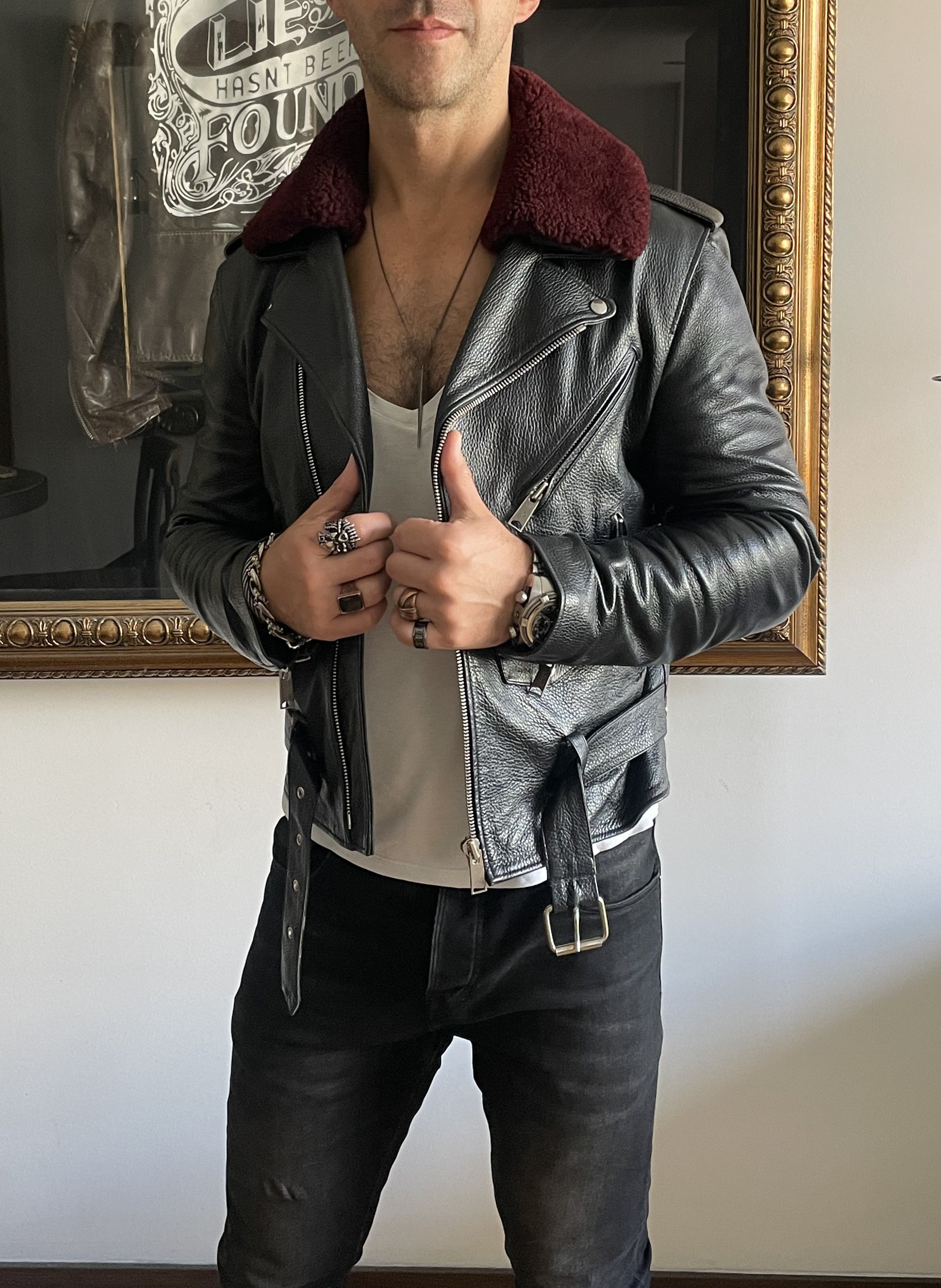 Sandro Leather Biker Jacket with Fur Collar Schott Varvatos