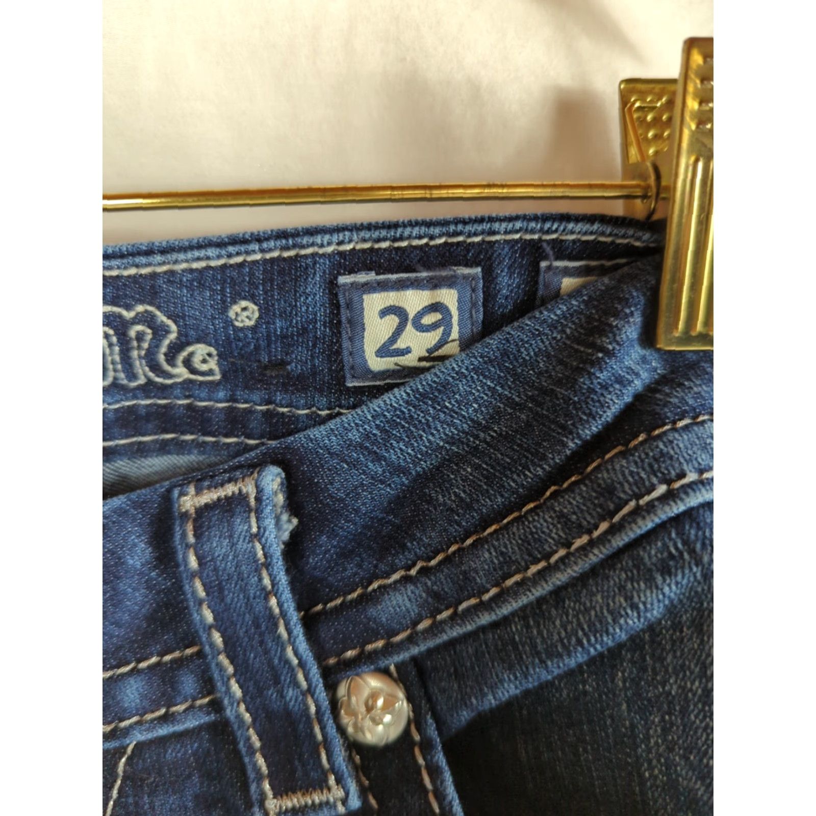 Miss Me Miss Me Jeans Womens Bootcut Mid Rise Dark Wash Rhinestone 5-Pocket Denim 29 Blue Womens Jeans Size 29" - 3 Thumbnail