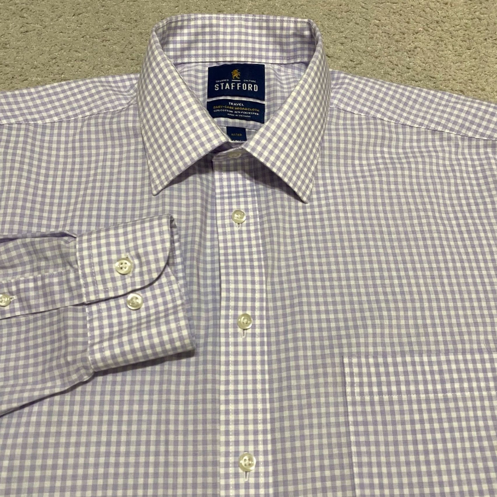 Stafford Stafford Dress Shirt Purple Plaid Long Sleeve Button-Front Fitted Mens 16.5 Classic Business Casual Travel Cotton Polyester Size 46R - 5 Thumbnail
