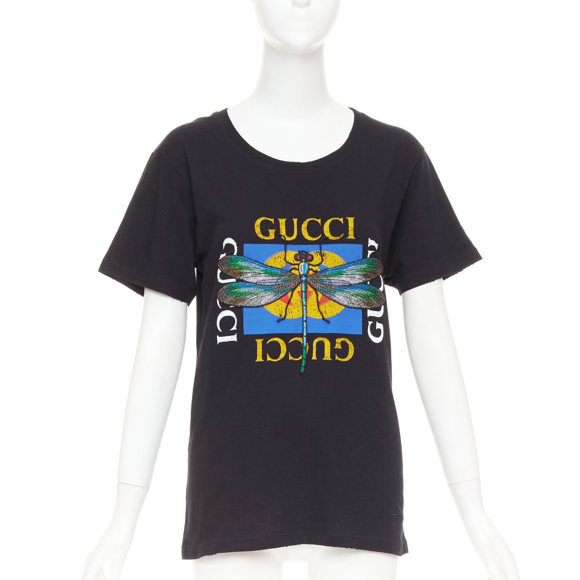 Gucci GUCCI 2018 black cotton vintage logo embroidered dragonfly jersey tshirt XS Size XS / US 0-2 / IT 36-38 - 1 Thumbnail
