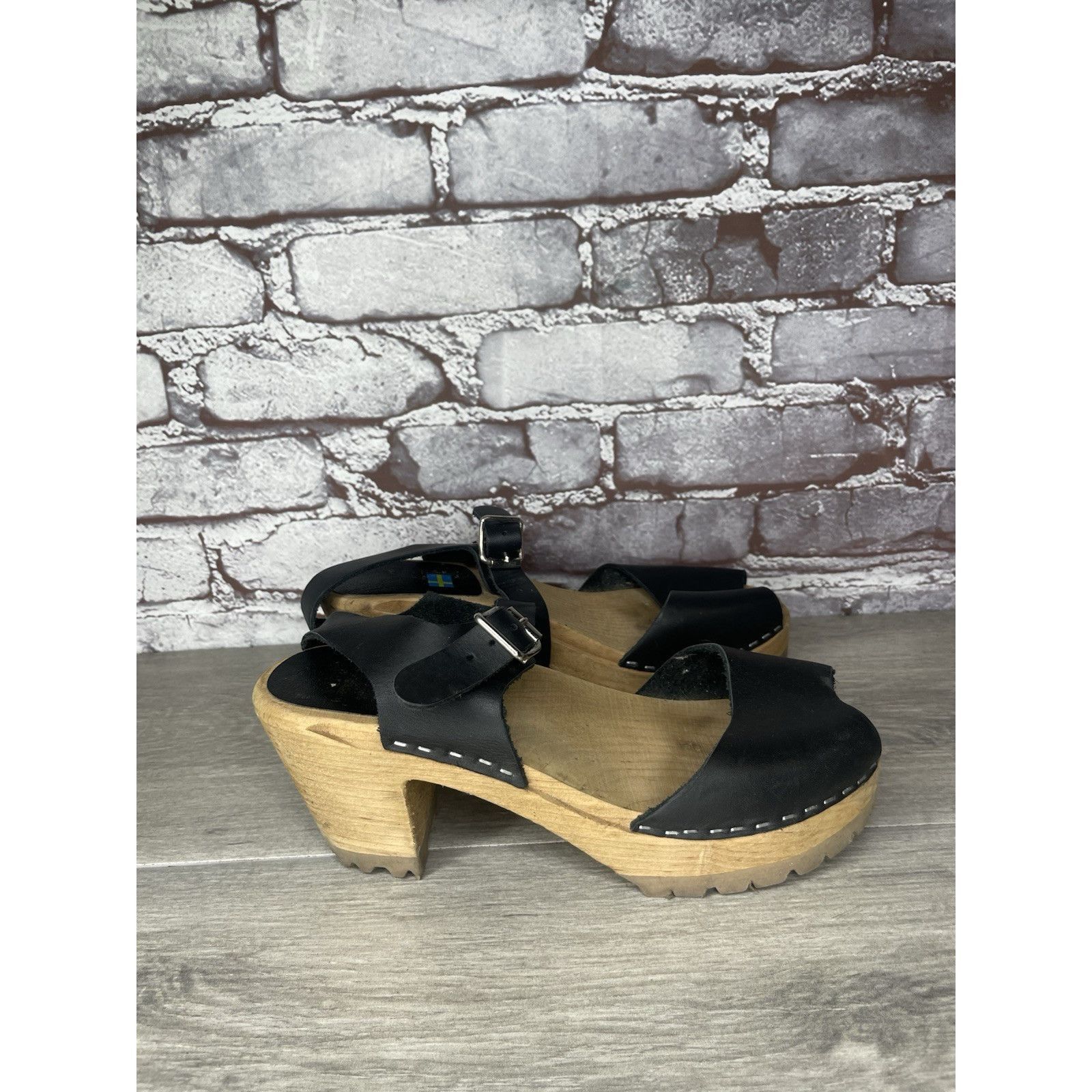 Swedish Hasbeens Swedish Hasbeens Black Leather Wooden Heel Peep Toe Ankle St Size US 7.5 / IT 37.5 - 16 Thumbnail