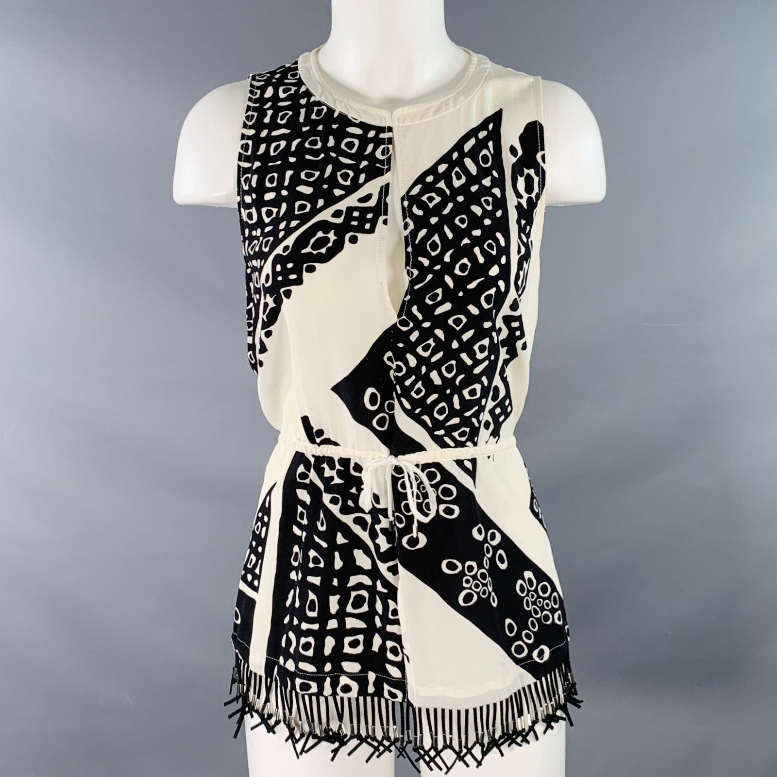 Altuzarra ALTUZARRA Black Cream Abstract Sleeveless Fringe Casual Top Size M / US 6-8 / IT 42-44 - 1 Thumbnail
